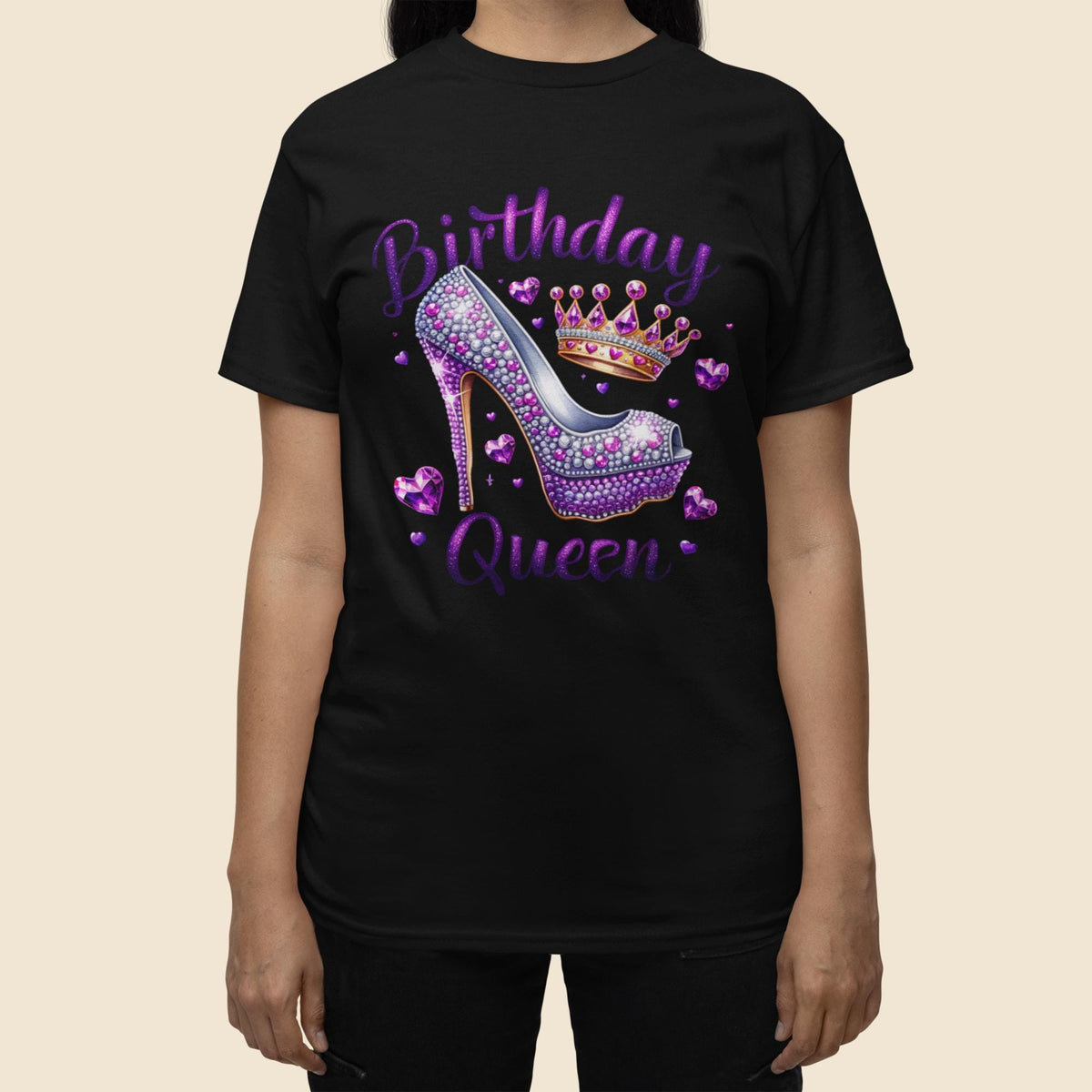 Birthday Queen T-Shirt, Birthday Shirt with Glitter Purple Hearts and Crown TShirt, Purple Birthday Shirt, High Heel Shoe, Bling Birthday