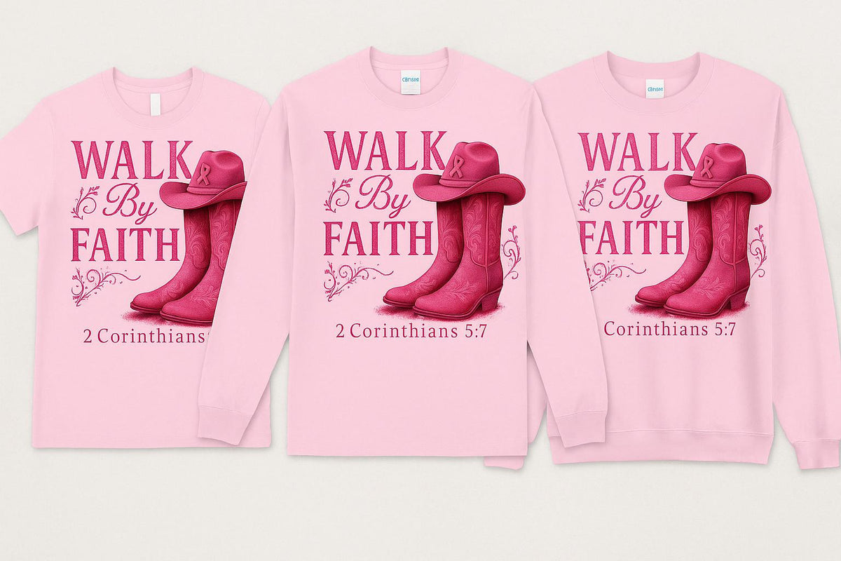 Walk By Faith Shirt, Breast Cancer Shirt, Western Glam Boot Hat Shirt, Cowgirl Cancer Awareness Shirt, Pink Ribbon Faith Shirt, Cancer Shirt