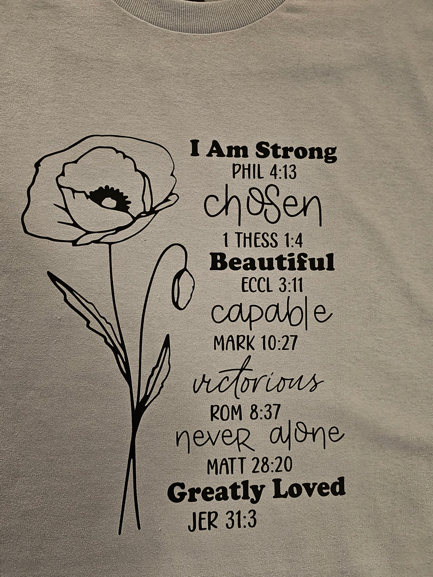 I AM STRONG CHOSEN BEAUTIFUL CAPABLE VICTORIOUS NEVER ALONE GREATLY LOVED SHORT SLEEVE T SHIRT LIGHT BLUE