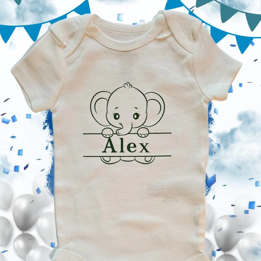 Personalized Elephant Baby Onesie, Custom Name Newborn Outfit, Baby Shower Gift, New Baby Coming Home Bodysuit, Baby Boy or Girl