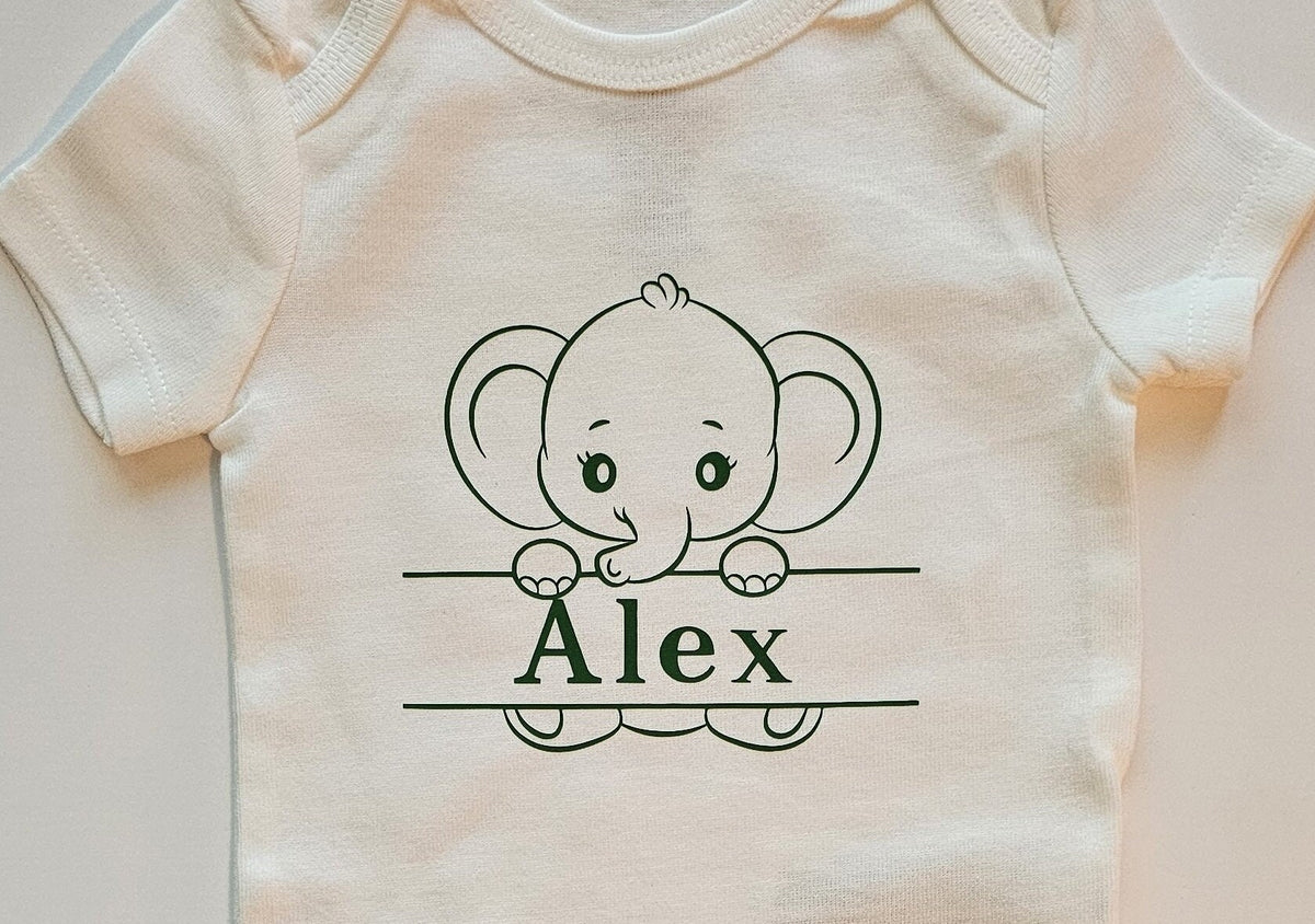 Personalized Elephant Baby Onesie, Custom Name Newborn Outfit, Baby Shower Gift, New Baby Coming Home Bodysuit, Baby Boy or Girl
