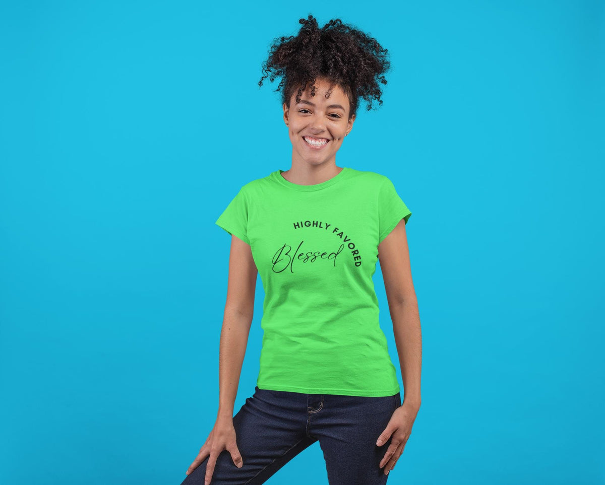 Custom Blessed Highly Favored T-Shirt, Women Faith Tee, Christian Shirt, Inspirational TShirt, Bible Verse Shirt, Christian Gift, Faith Gift