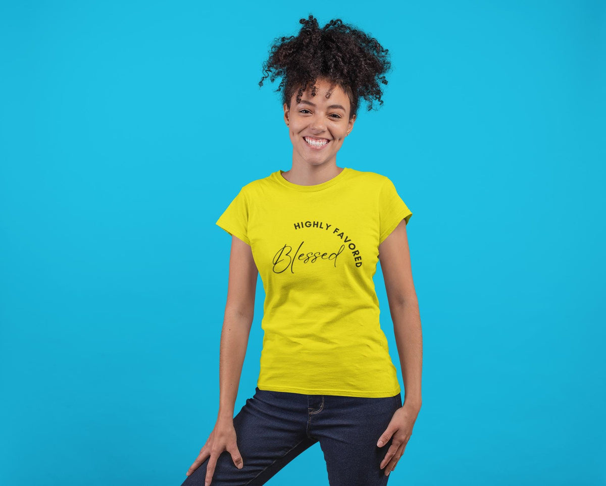 Custom Blessed Highly Favored T-Shirt, Women Faith Tee, Christian Shirt, Inspirational TShirt, Bible Verse Shirt, Christian Gift, Faith Gift