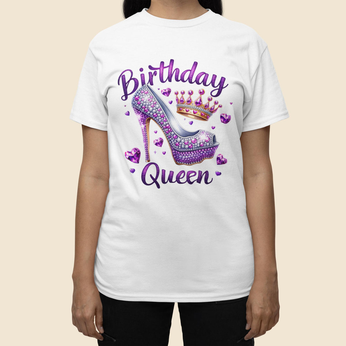 Birthday Queen T-Shirt, Birthday Shirt with Glitter Purple Hearts and Crown TShirt, Purple Birthday Shirt, High Heel Shoe, Bling Birthday