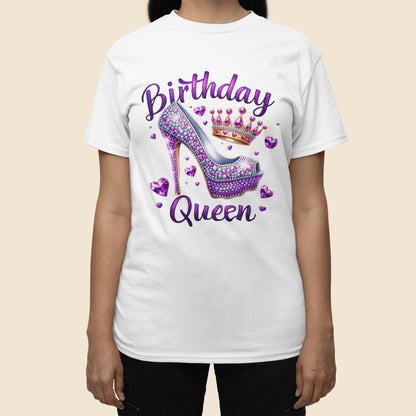 Birthday Queen T-Shirt, Birthday Shirt with Glitter Purple Hearts and Crown TShirt, Purple Birthday Shirt, High Heel Shoe, Bling Birthday