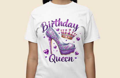 Birthday Queen T-Shirt, Birthday Shirt with Glitter Purple Hearts and Crown TShirt, Purple Birthday Shirt, High Heel Shoe, Bling Birthday