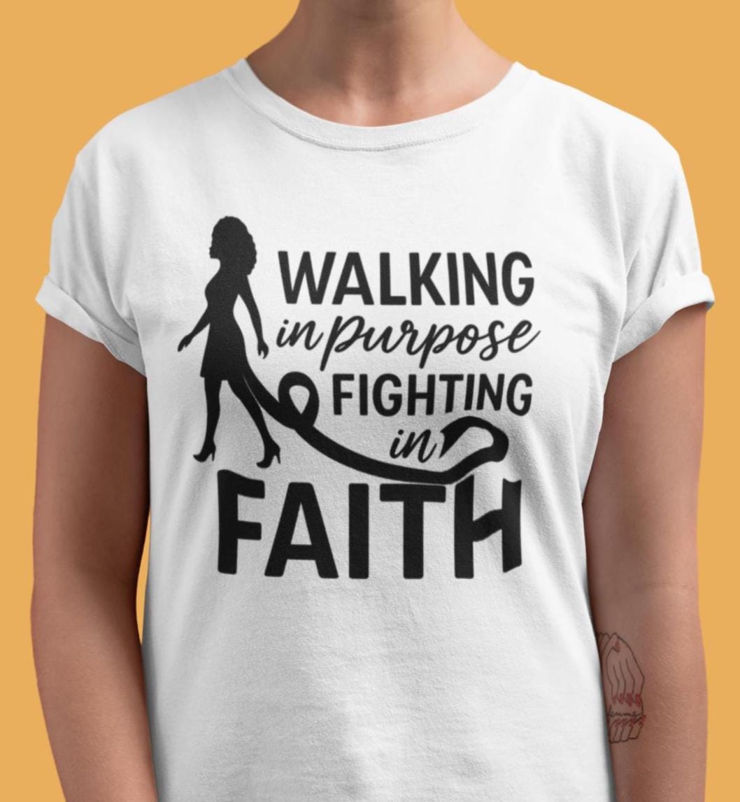 Walking in Purpose Fighting in Faith Shirt, Breast Cancer Ribbon Woman Silhouette Shirt, October Faith Tee, Breast Cancer Awareness Shirt
