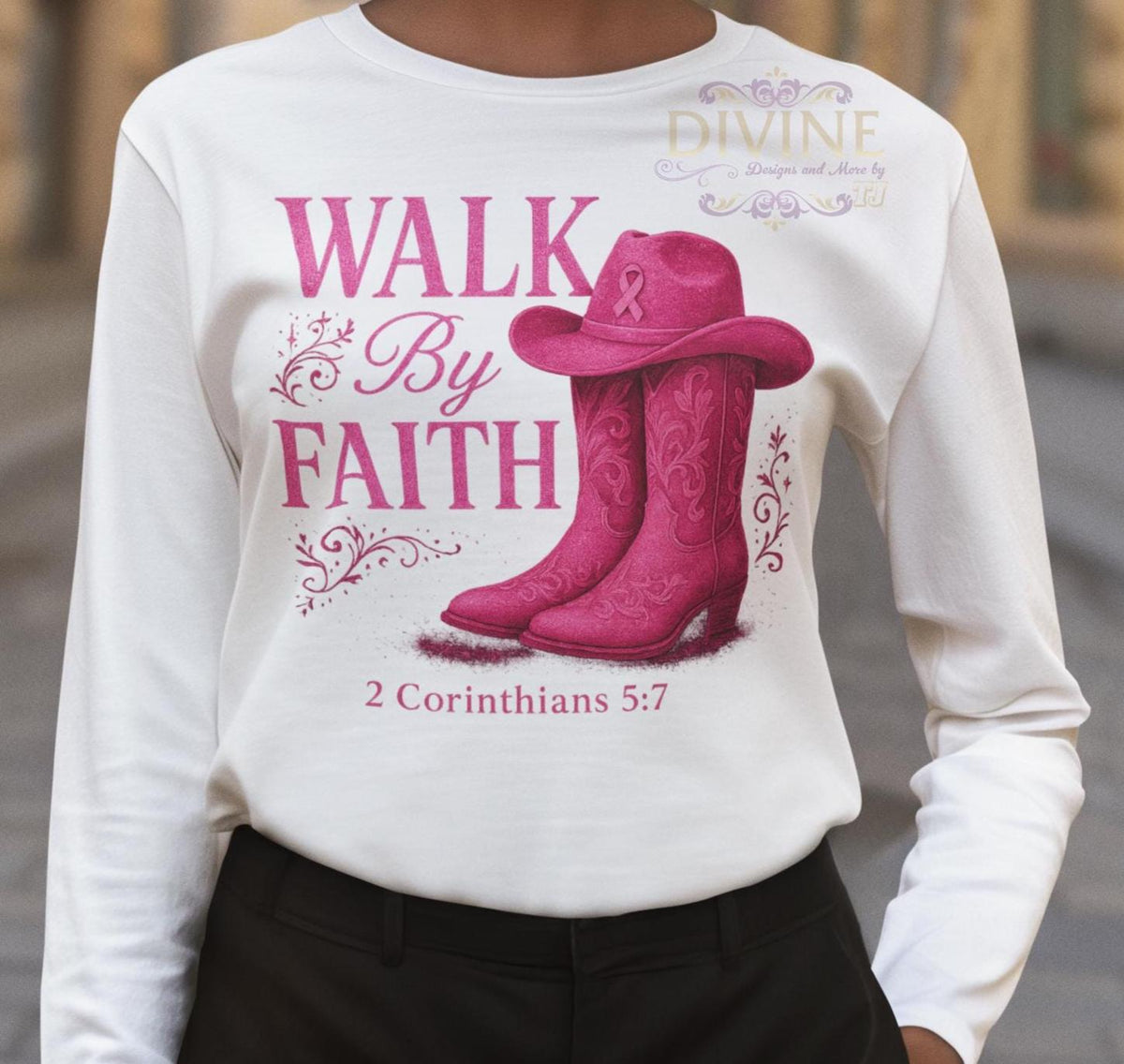 Walk By Faith Shirt, Breast Cancer Shirt, Western Glam Boot Hat Shirt, Cowgirl Cancer Awareness Shirt, Pink Ribbon Faith Shirt, Cancer Shirt