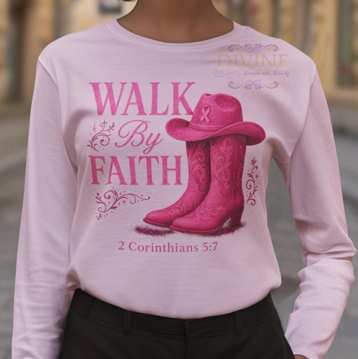 Walk By Faith Shirt, Breast Cancer Shirt, Western Glam Boot Hat Shirt, Cowgirl Cancer Awareness Shirt, Pink Ribbon Faith Shirt, Cancer Shirt