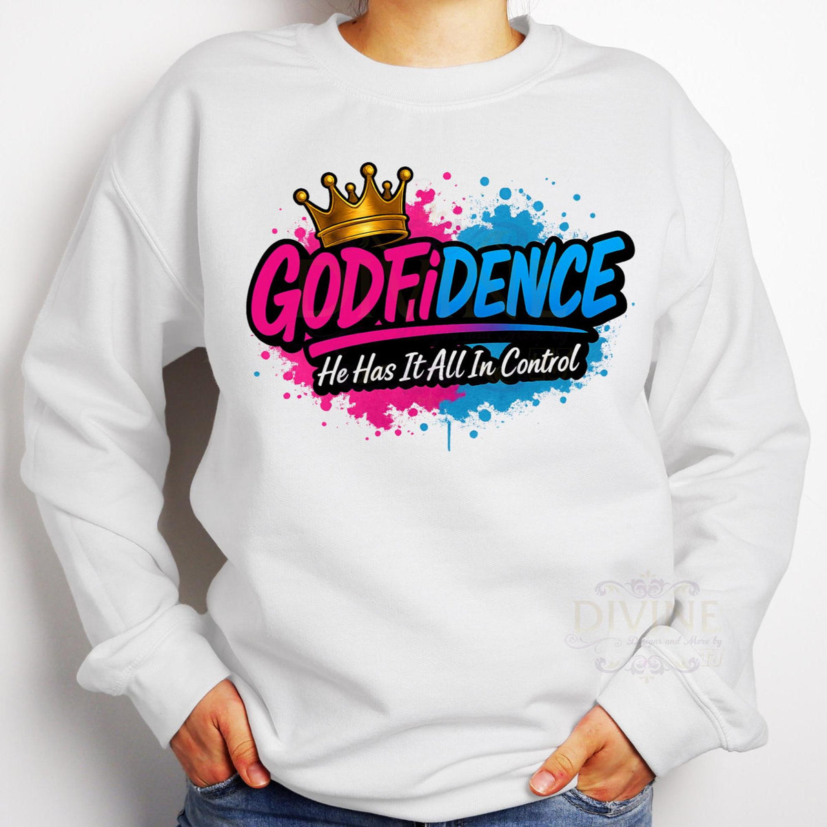 GODFIDENCE Sweatshirt, Hot Pink & Blue Christian Shirt Design, Faith-Based Sweatshirt, Teen Trendy Jesus Apparel, Jesus Sweatshirt