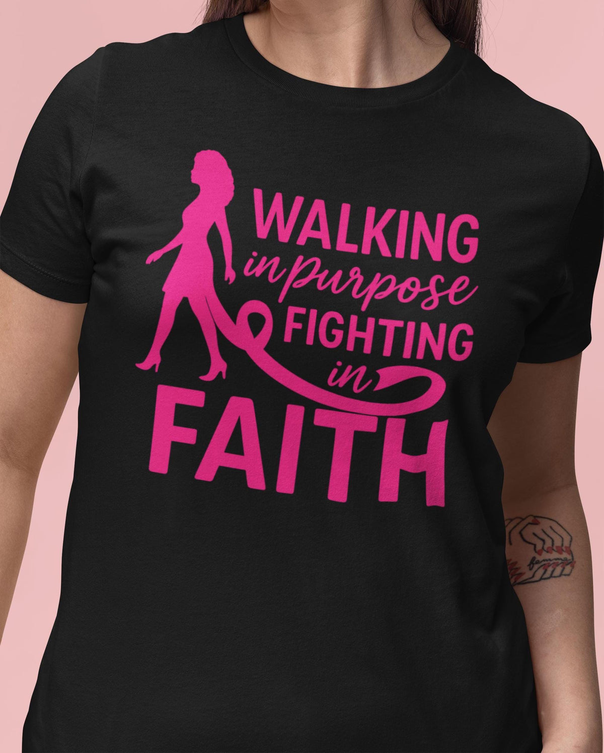 Walking in Purpose Fighting in Faith Shirt, Breast Cancer Ribbon Woman Silhouette Shirt, October Faith Tee, Breast Cancer Awareness Shirt