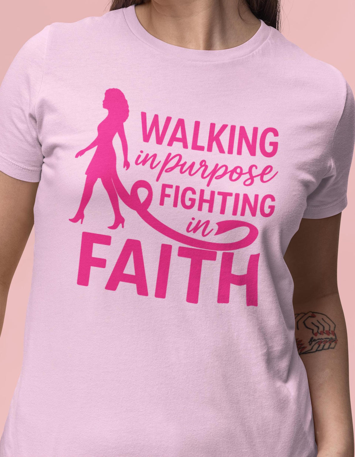 Walking in Purpose Fighting in Faith Shirt, Breast Cancer Ribbon Woman Silhouette Shirt, October Faith Tee, Breast Cancer Awareness Shirt