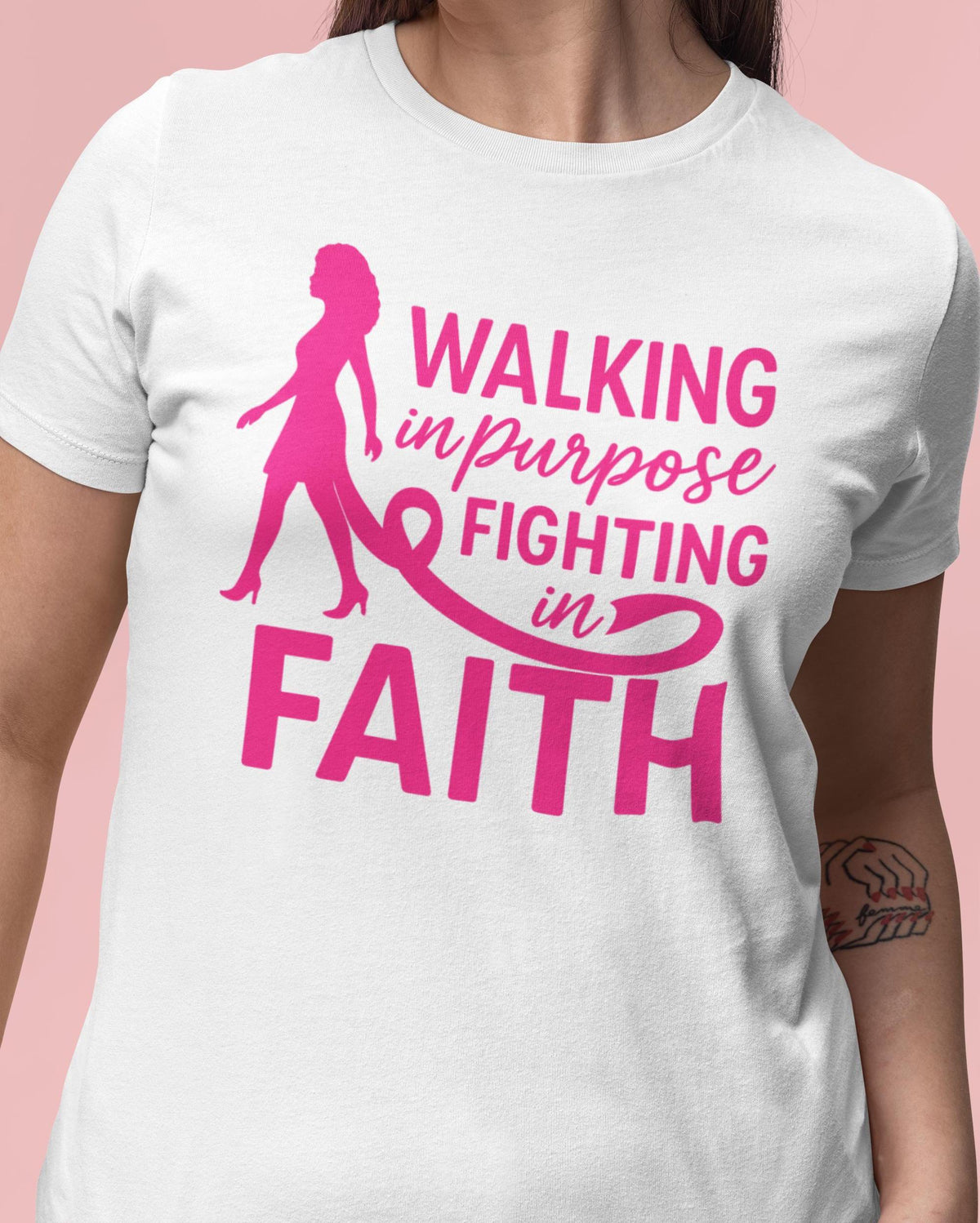Walking in Purpose Fighting in Faith Shirt, Breast Cancer Ribbon Woman Silhouette Shirt, October Faith Tee, Breast Cancer Awareness Shirt