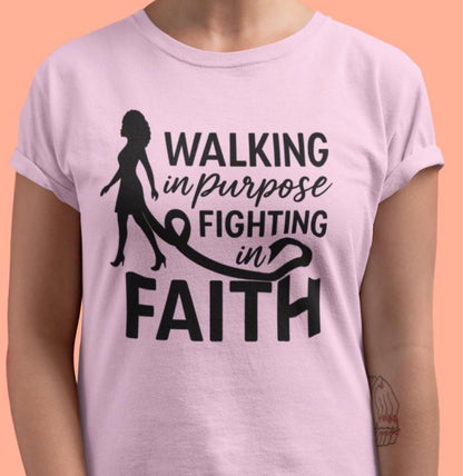 Walking in Purpose Fighting in Faith Shirt, Breast Cancer Ribbon Woman Silhouette Shirt, October Faith Tee, Breast Cancer Awareness Shirt