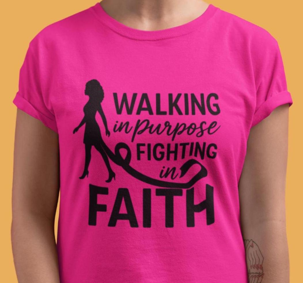 Walking in Purpose Fighting in Faith Shirt, Breast Cancer Ribbon Woman Silhouette Shirt, October Faith Tee, Breast Cancer Awareness Shirt