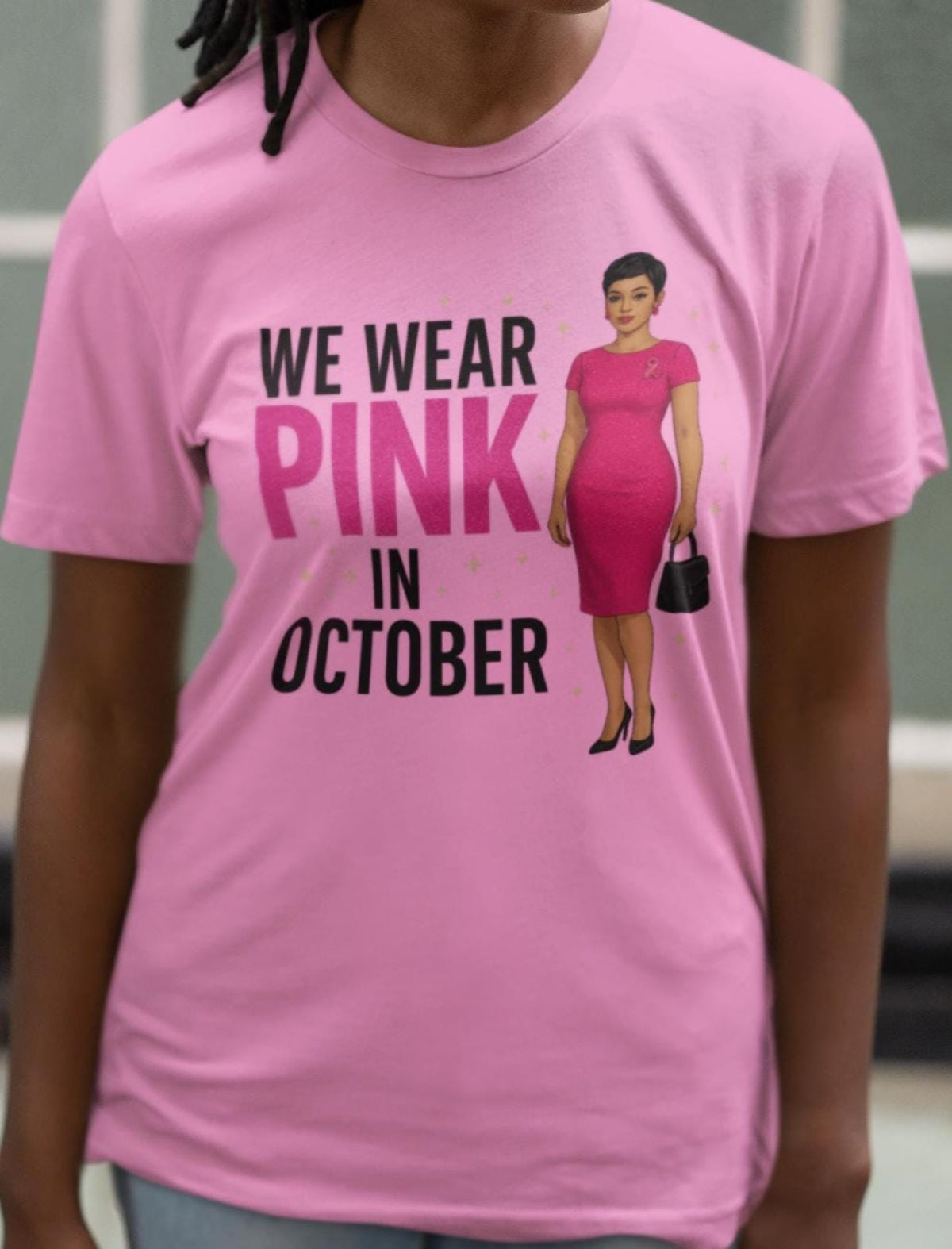 We Wear Pink in October Shirt, Breast Cancer Awareness Pink Ribbon Shirt, Breast Cancer T-Shirt, Cancer Survivor Shirt, Black Woman Glam Tee