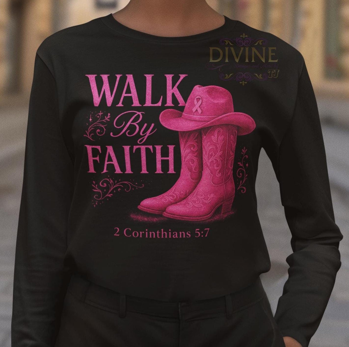 Walk By Faith Shirt, Breast Cancer Shirt, Western Glam Boot Hat Shirt, Cowgirl Cancer Awareness Shirt, Pink Ribbon Faith Shirt, Cancer Shirt