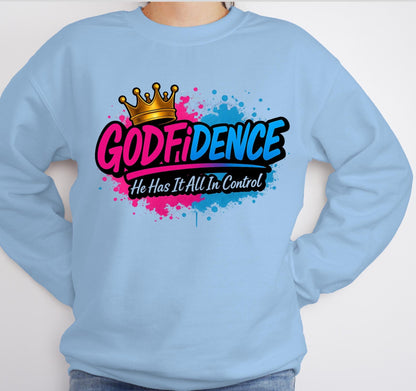 GODFIDENCE Sweatshirt, Hot Pink & Blue Christian Shirt Design, Faith-Based Sweatshirt, Teen Trendy Jesus Apparel, Jesus Sweatshirt