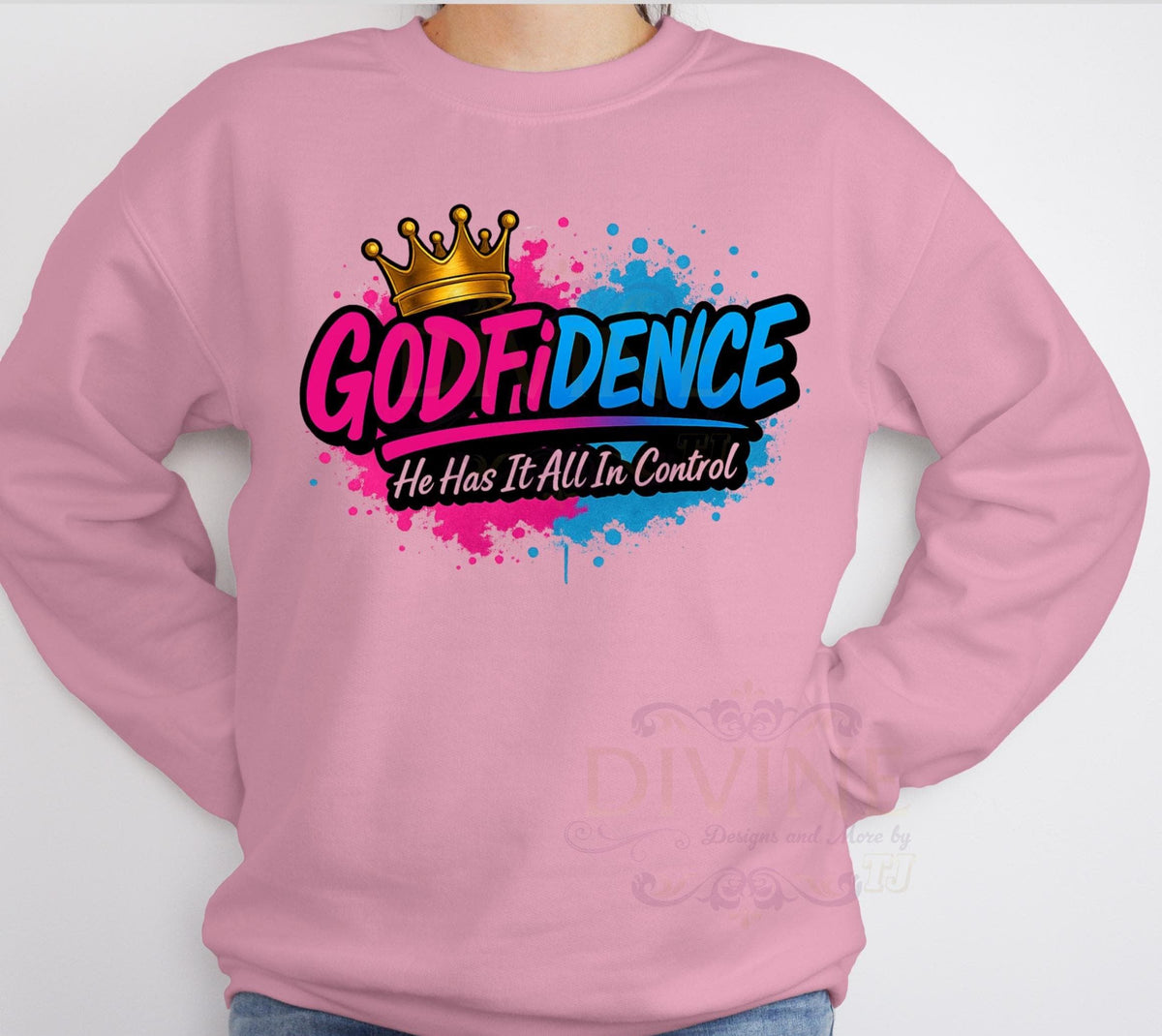 GODFIDENCE Sweatshirt, Hot Pink & Blue Christian Shirt Design, Faith-Based Sweatshirt, Teen Trendy Jesus Apparel, Jesus Sweatshirt