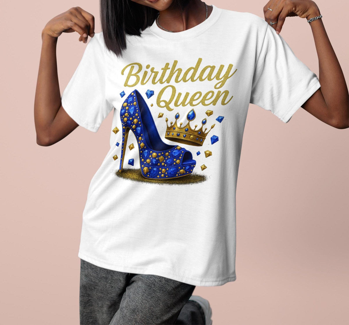 Birthday Queen Shirt, Purple Gold Hot Pink Red Royal Blue Irish Green, Glam Crown and Stiletto, Birthday Shirt, Birthday Gift, Gift for Her