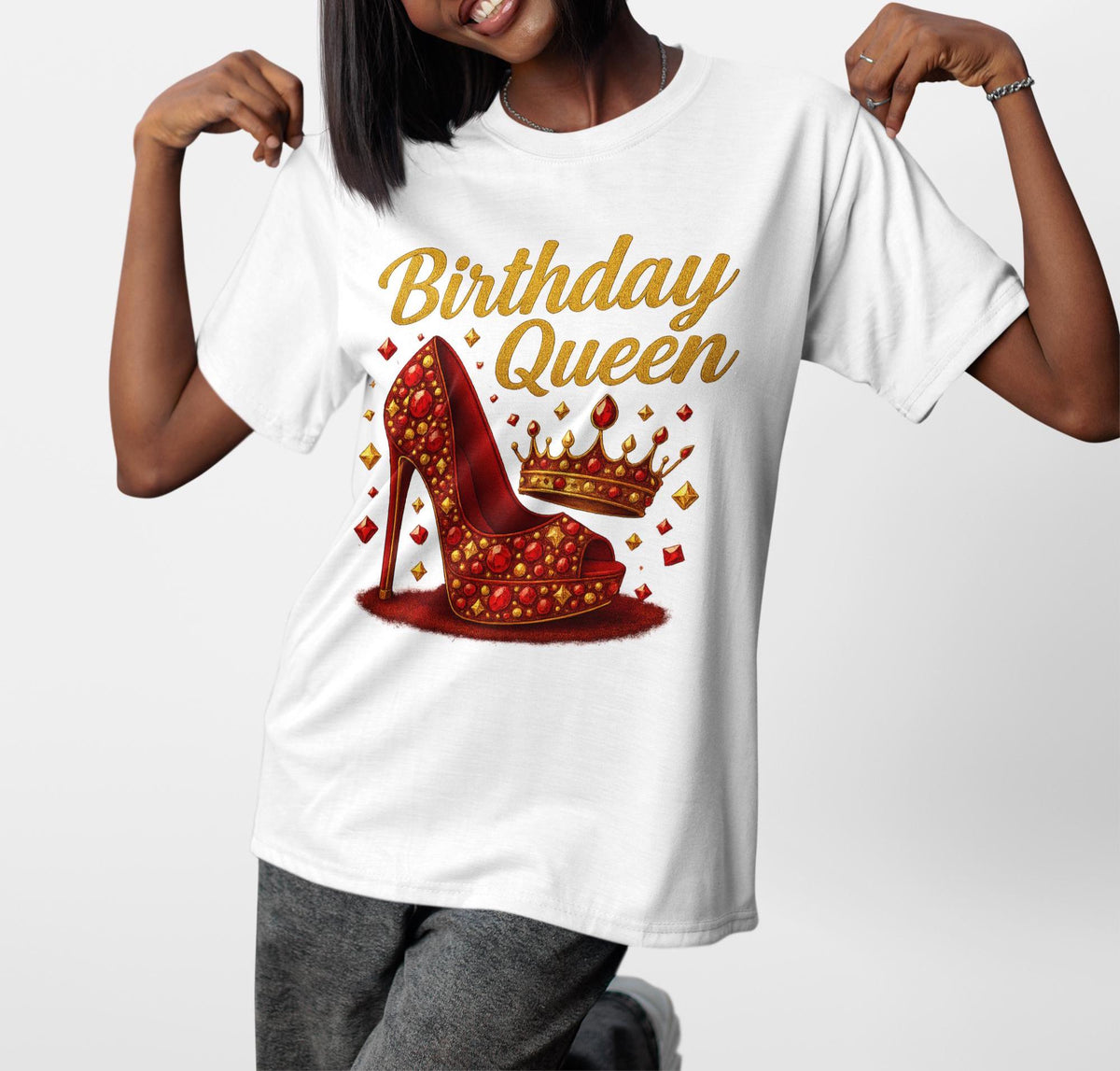 Birthday Queen Shirt, Purple Gold Hot Pink Red Royal Blue Irish Green, Glam Crown and Stiletto, Birthday Shirt, Birthday Gift, Gift for Her