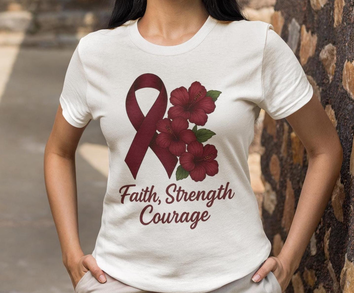 Multiple Myeloma Awareness Shirts, Burgundy Ribbon Cancer Support Tee, Faith Strength Courage Butterfly Shirt, Hope Faith Cure Warrior Shirt