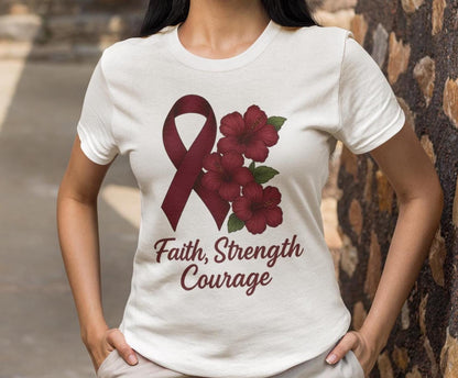 Multiple Myeloma Awareness Shirts, Burgundy Ribbon Cancer Support Tee, Faith Strength Courage Butterfly Shirt, Hope Faith Cure Warrior Shirt