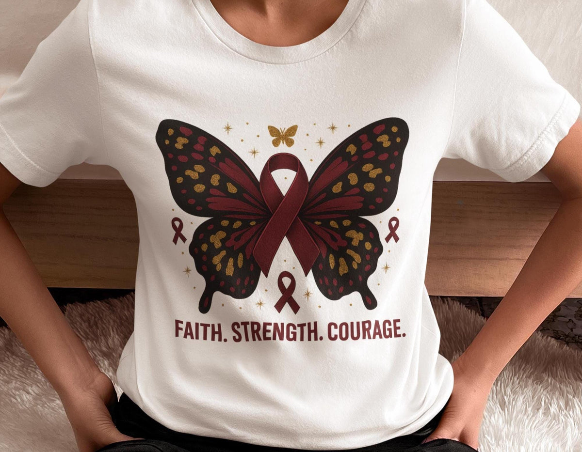 Multiple Myeloma Awareness Shirts, Burgundy Ribbon Cancer Support Tee, Faith Strength Courage Butterfly Shirt, Hope Faith Cure Warrior Shirt
