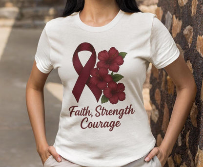 Multiple Myeloma Awareness Shirts, Burgundy Ribbon Cancer Support Tee, Faith Strength Courage Butterfly Shirt, Hope Faith Cure Warrior Shirt