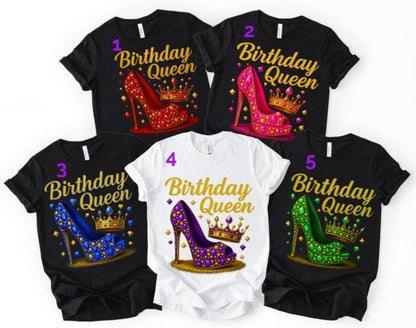 Birthday Queen Shirt, Purple Gold Hot Pink Red Royal Blue Irish Green, Glam Crown and Stiletto, Birthday Shirt, Birthday Gift, Gift for Her