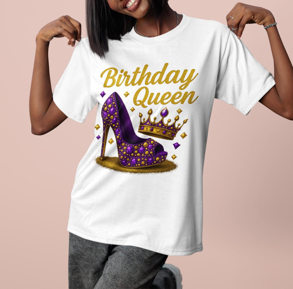 Birthday Queen Shirt, Purple Gold Hot Pink Red Royal Blue Irish Green, Glam Crown and Stiletto, Birthday Shirt, Birthday Gift, Gift for Her