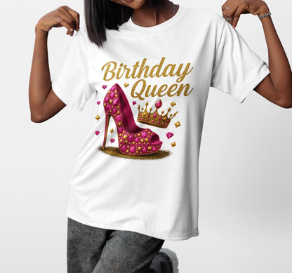 Birthday Queen Shirt, Purple Gold Hot Pink Red Royal Blue Irish Green, Glam Crown and Stiletto, Birthday Shirt, Birthday Gift, Gift for Her