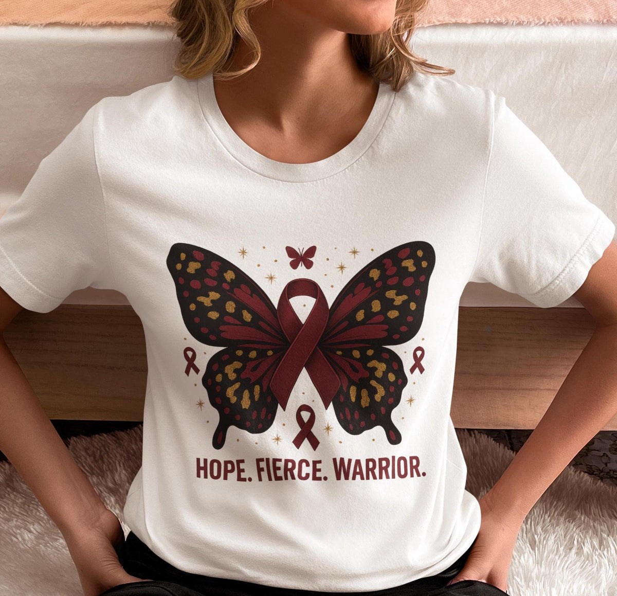Multiple Myeloma Awareness Shirts, Burgundy Ribbon Cancer Support Tee, Faith Strength Courage Butterfly Shirt, Hope Faith Cure Warrior Shirt