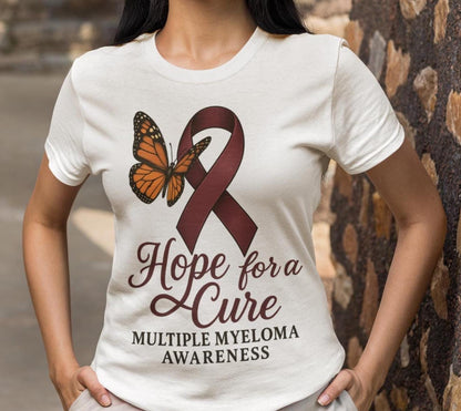Multiple Myeloma Awareness Shirts, Burgundy Ribbon Cancer Support Tee, Faith Strength Courage Butterfly Shirt, Hope Faith Cure Warrior Shirt