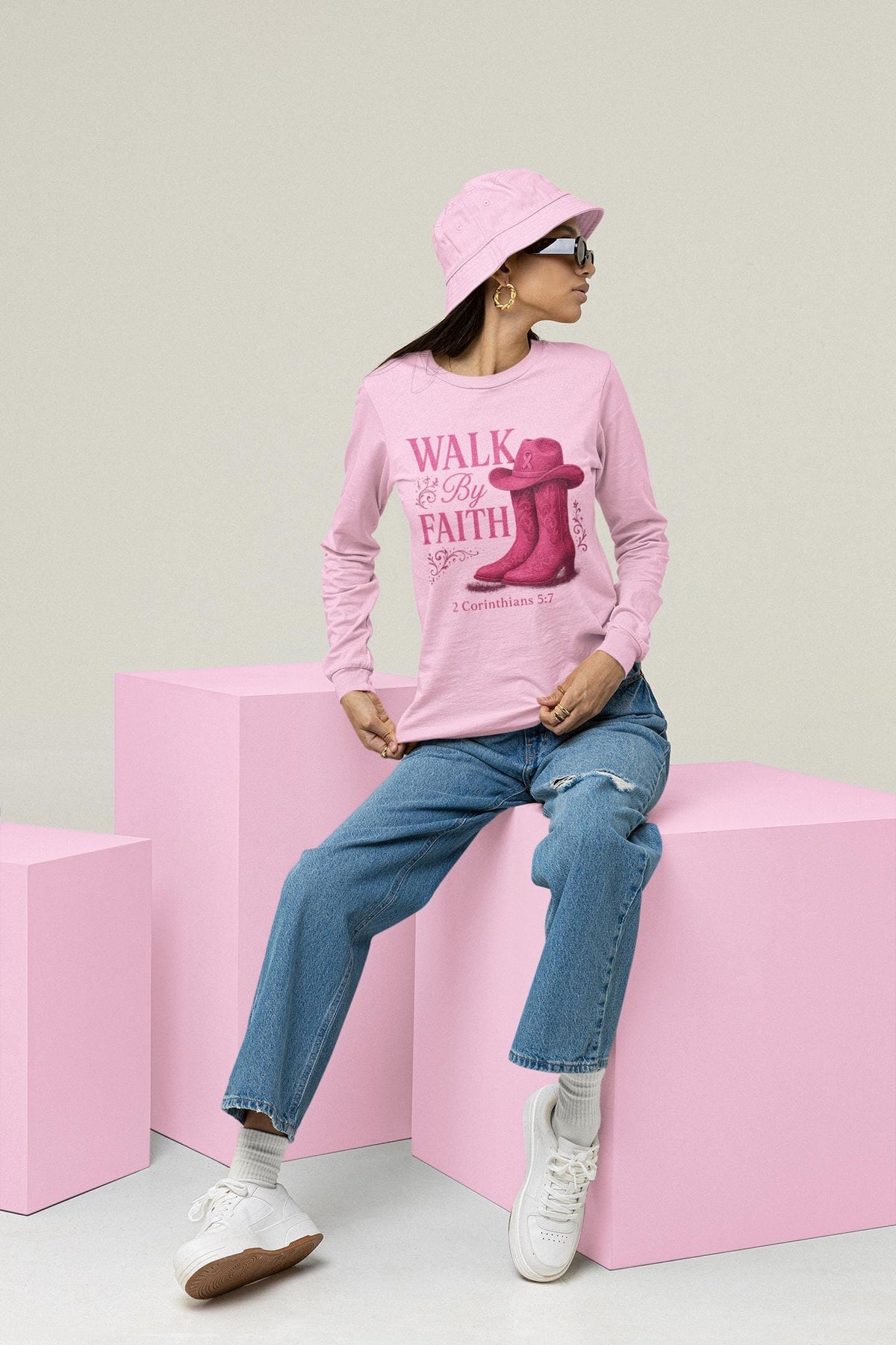 Walk By Faith Shirt, Breast Cancer Shirt, Western Glam Boot Hat Shirt, Cowgirl Cancer Awareness Shirt, Pink Ribbon Faith Shirt, Cancer Shirt