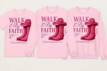 Walk By Faith Shirt, Breast Cancer Shirt, Western Glam Boot Hat Shirt, Cowgirl Cancer Awareness Shirt, Pink Ribbon Faith Shirt, Cancer Shirt