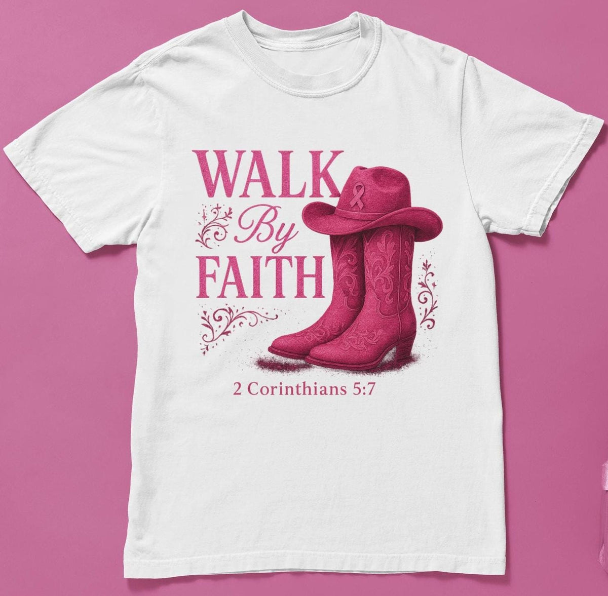 Walk By Faith Shirt, Breast Cancer Shirt, Western Glam Boot Hat Shirt, Cowgirl Cancer Awareness Shirt, Pink Ribbon Faith Shirt, Cancer Shirt