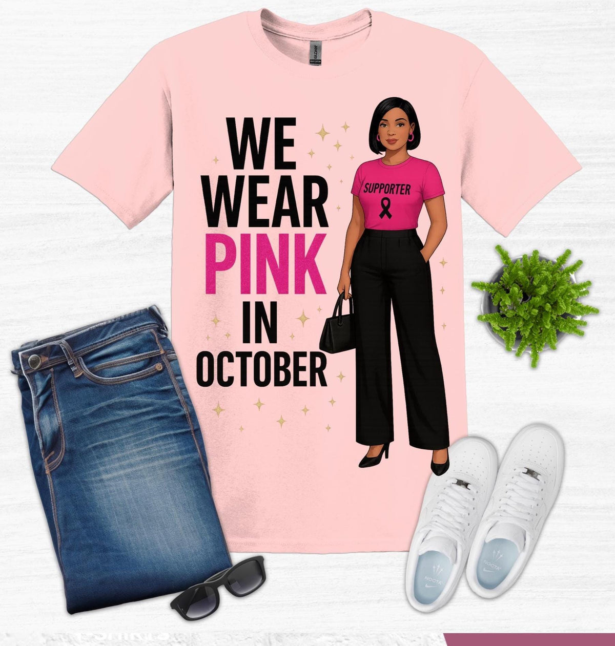 We Wear Pink in October Supporter Shirt, Breast Cancer Awareness Tee, Pink Ribbon T-Shirt, October Awareness Top, Faith Strength Hope Tee