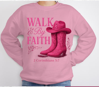 Walk By Faith Sweatshirt, Breast Cancer Shirt, Western Glam Boot Hat Shirt, Cowgirl Cancer Awareness Shirt, Pink Ribbon Faith Shirt