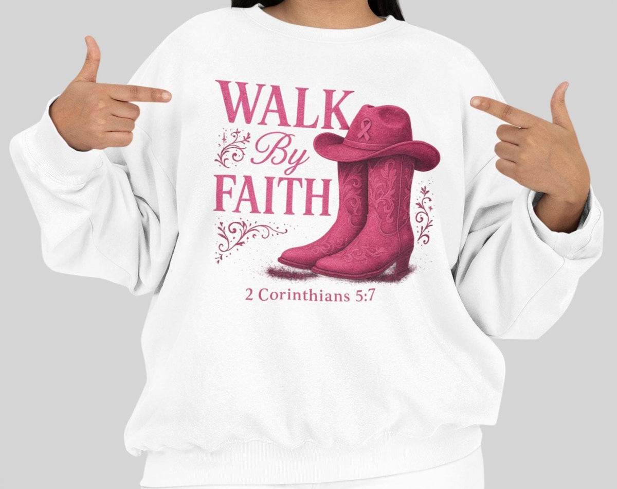 Walk By Faith Sweatshirt, Breast Cancer Shirt, Western Glam Boot Hat Shirt, Cowgirl Cancer Awareness Shirt, Pink Ribbon Faith Shirt