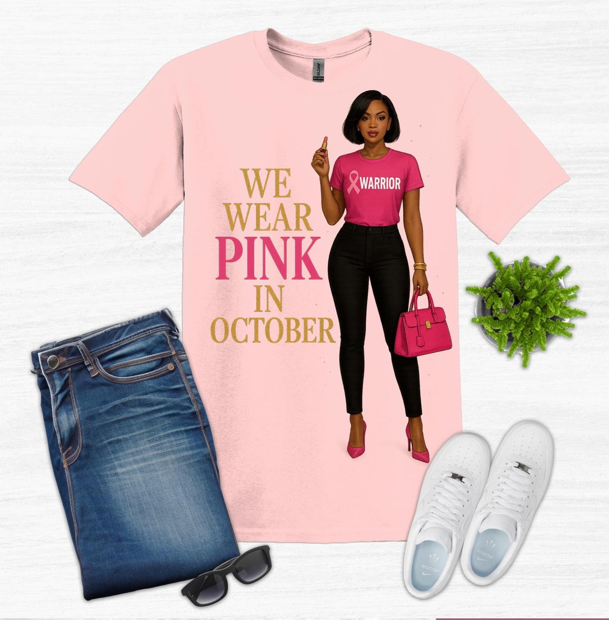 We Wear Pink in October Warrior Shirt, Breast Cancer Awareness Tee, Pink Ribbon T-Shirt, October Awareness Top, Fighter Faith Tee