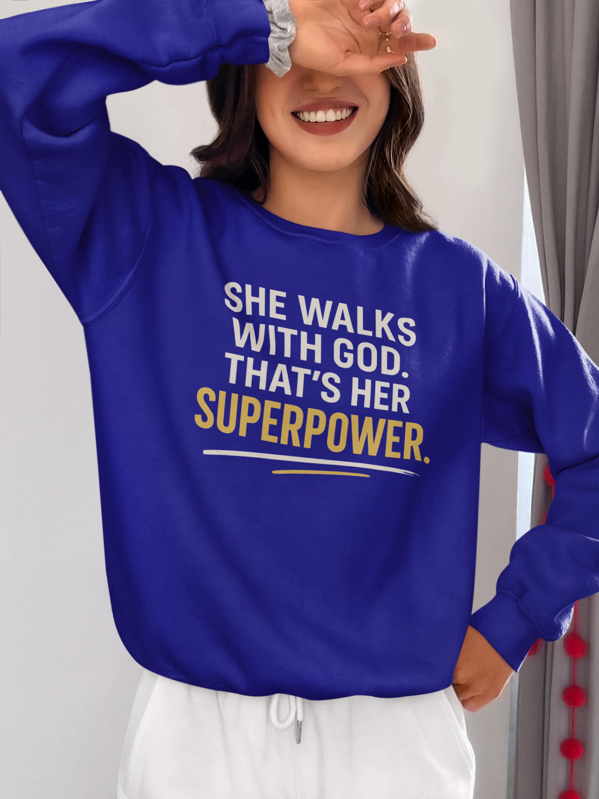 She Walks With God Sweatshirt, Christian Woman Crewneck, Inspirational Faith Sweater, Superpower Quote Shirt, Cozy Winter Crewneck for Women