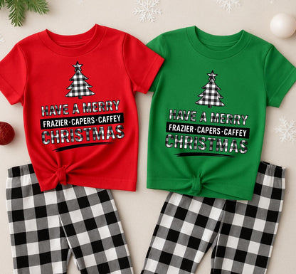 Custom Family Christmas Shirt, Buffalo Plaid Tree T-Shirt, Have a Merry Christmas Tee, Personalized Family Name Shirt, Matching Pajama Shirt