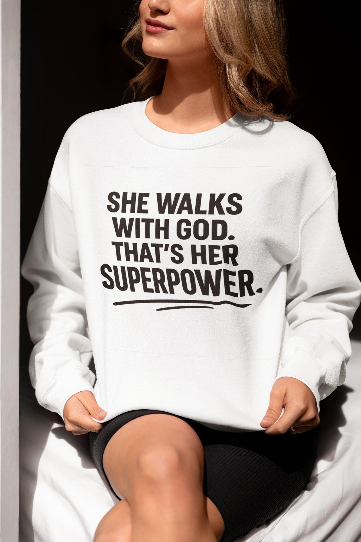 She Walks With God Sweatshirt, Christian Woman Crewneck, Inspirational Faith Sweater, Superpower Quote Shirt, Cozy Winter Crewneck for Women