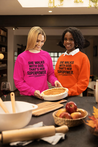 She Walks With God Sweatshirt, Christian Woman Crewneck, Inspirational Faith Sweater, Superpower Quote Shirt, Cozy Winter Crewneck for Women