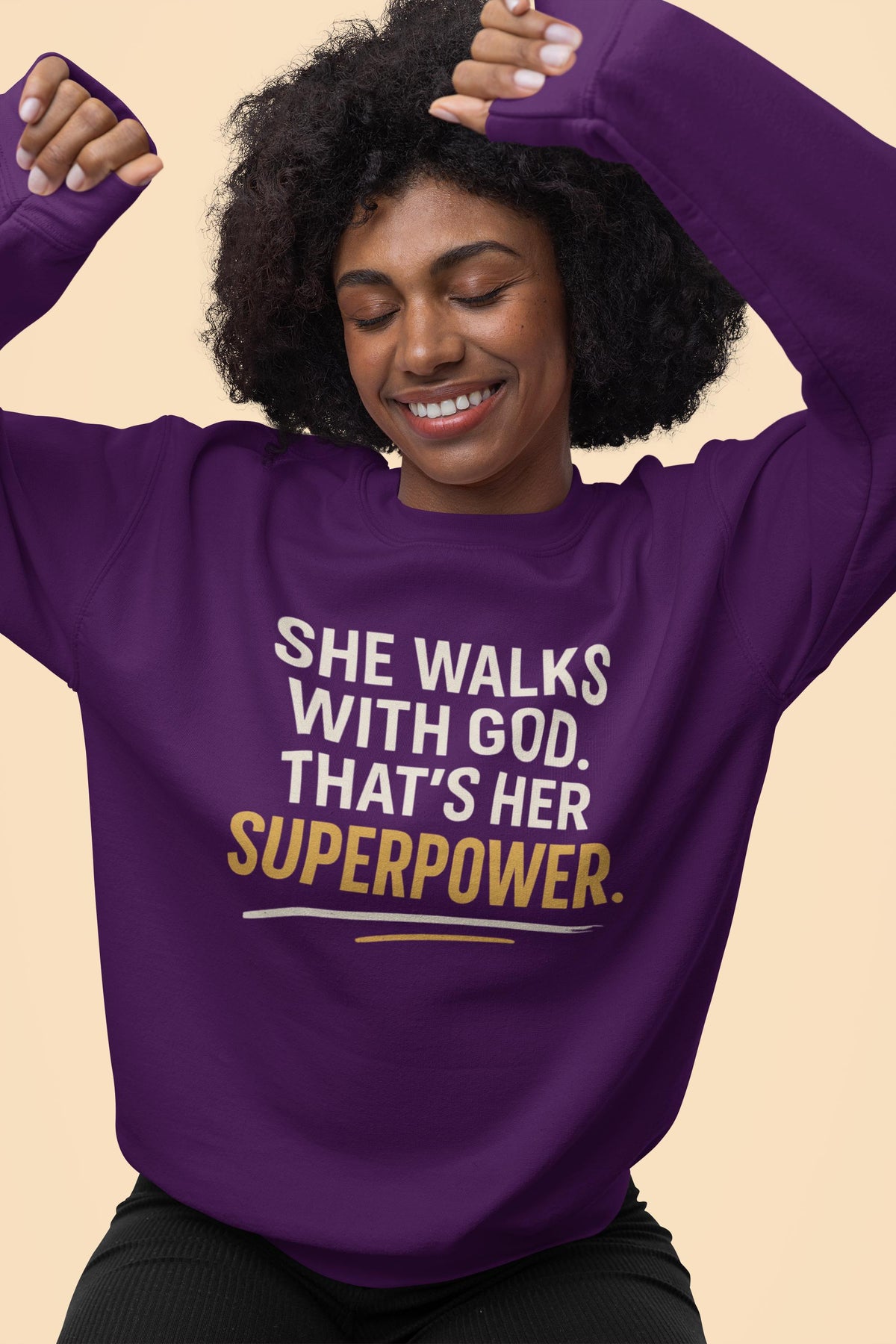 She Walks With God Sweatshirt, Christian Woman Crewneck, Inspirational Faith Sweater, Superpower Quote Shirt, Cozy Winter Crewneck for Women