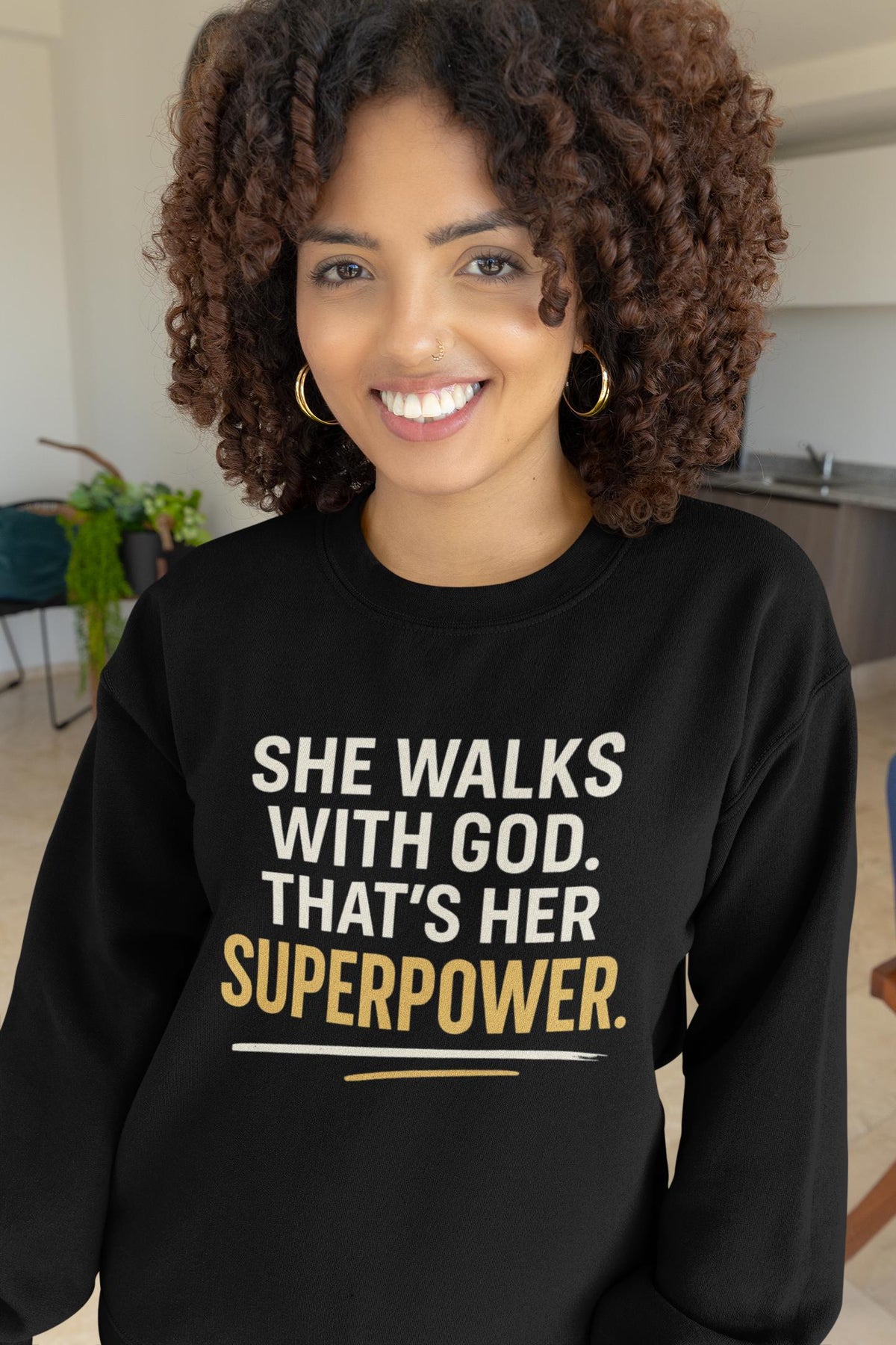 She Walks With God Sweatshirt, Christian Woman Crewneck, Inspirational Faith Sweater, Superpower Quote Shirt, Cozy Winter Crewneck for Women