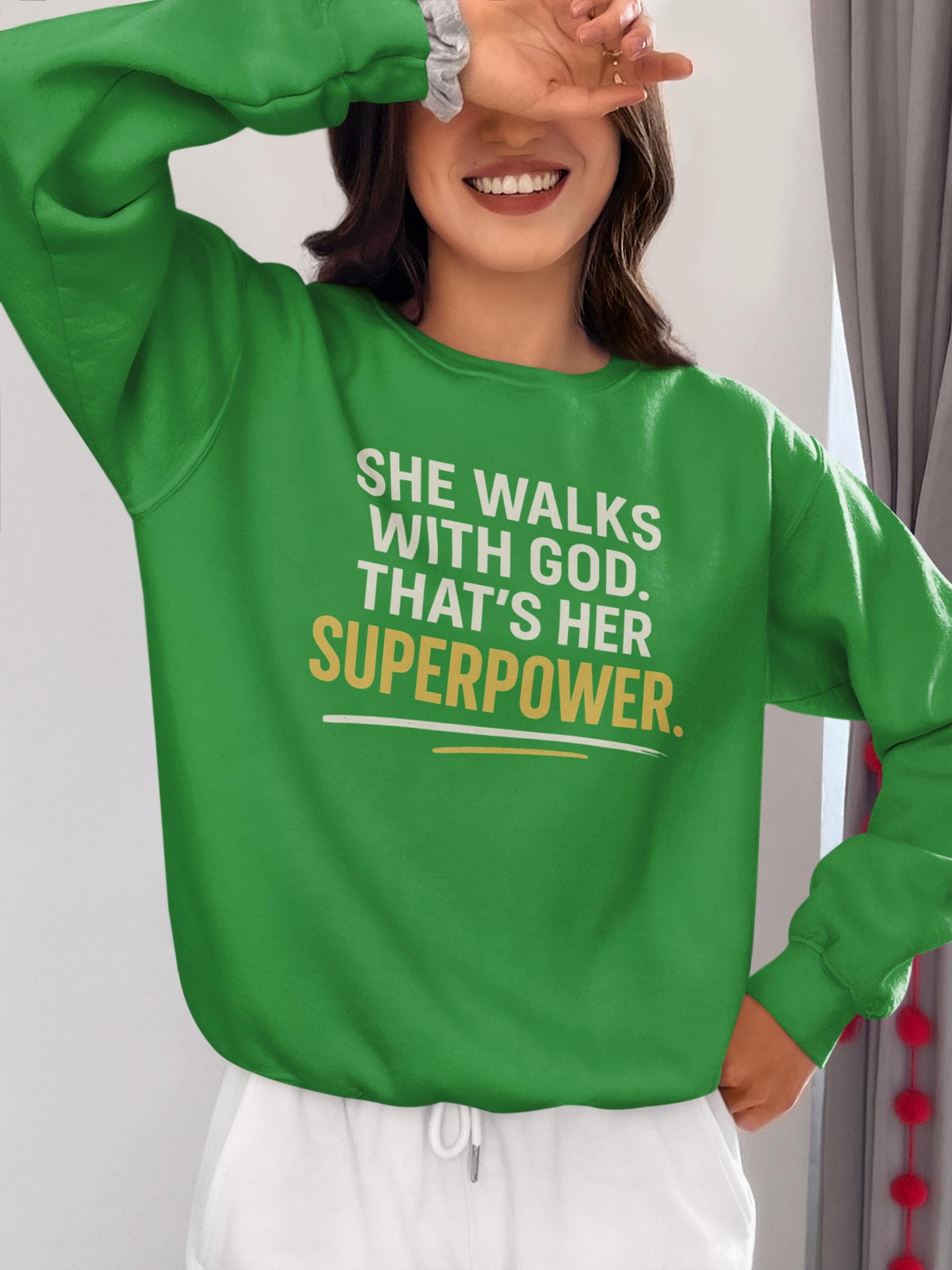 She Walks With God Sweatshirt, Christian Woman Crewneck, Inspirational Faith Sweater, Superpower Quote Shirt, Cozy Winter Crewneck for Women