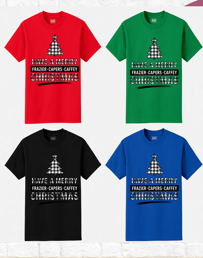 Custom Family Christmas Shirt, Buffalo Plaid Tree T-Shirt, Have a Merry Christmas Tee, Personalized Family Name Shirt, Matching Pajama Shirt