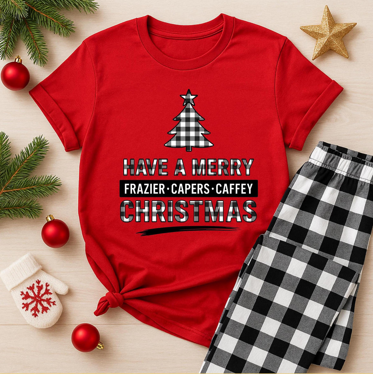Custom Family Christmas Shirt, Buffalo Plaid Tree T-Shirt, Have a Merry Christmas Tee, Personalized Family Name Shirt, Matching Pajama Shirt
